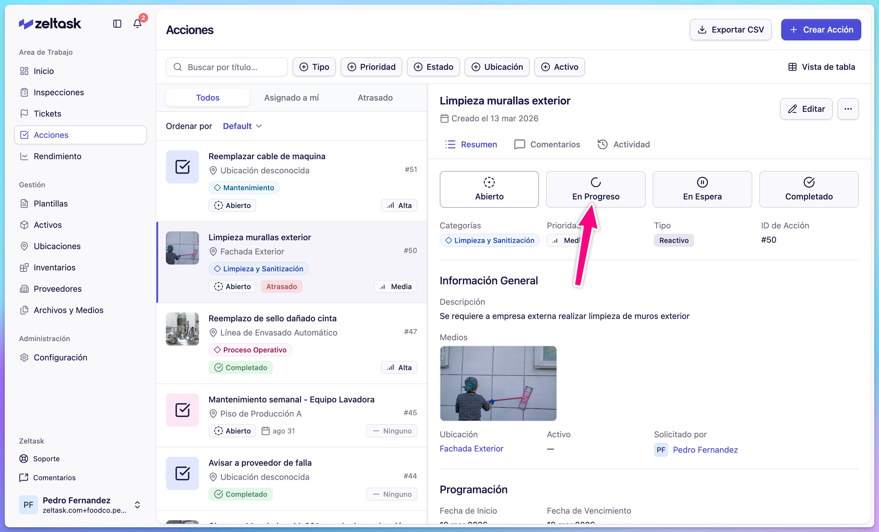 Changing an action's status from Open to In Progress in the detail view